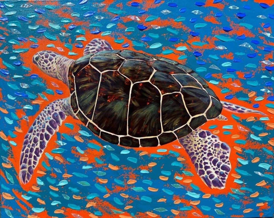 Cruisin Honu, Mother of Pearl and acrylic by Amy-Lauren Lum Won - Kauai fish art, Hawaii fish paintings